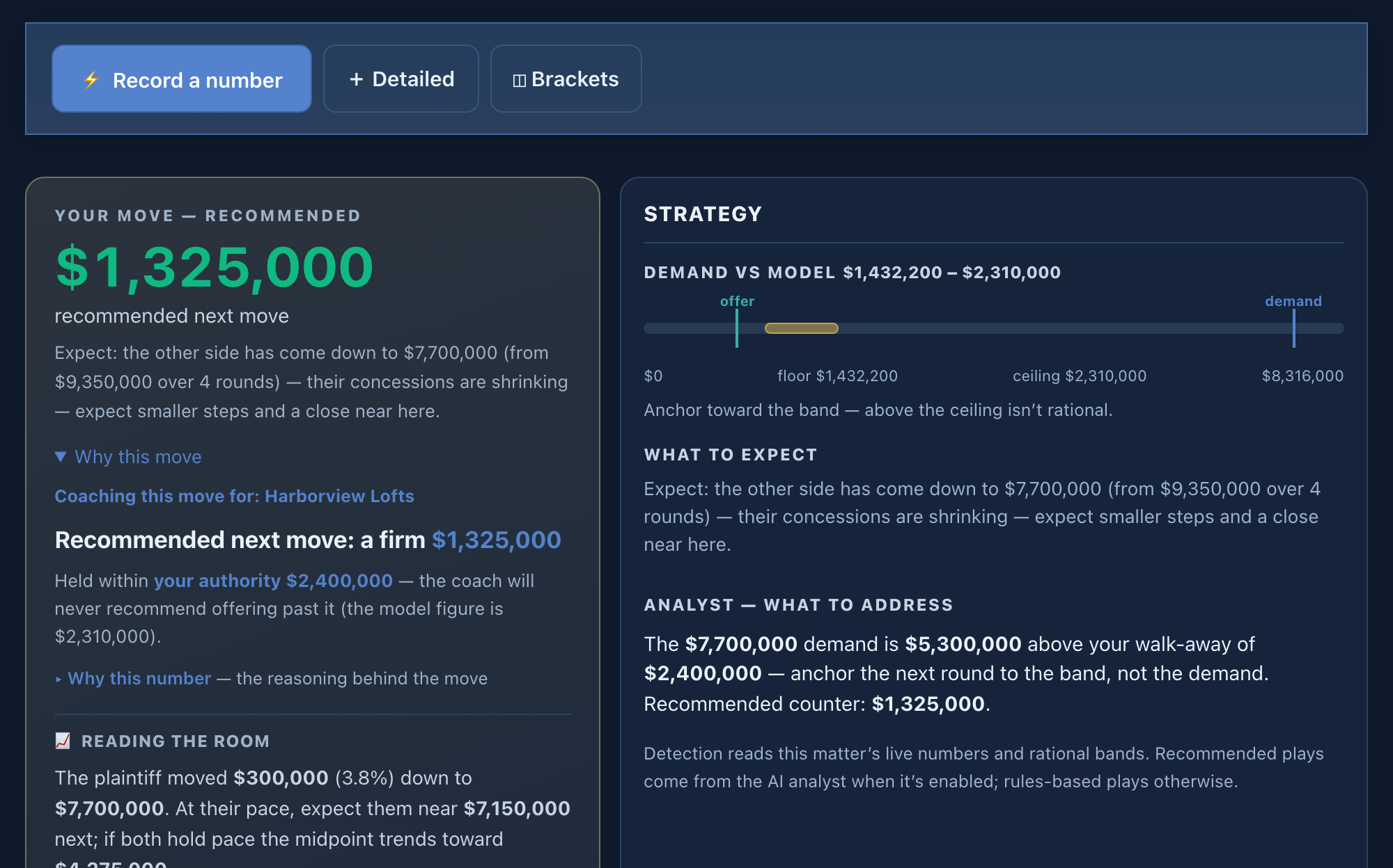 The live Cockpit: a recommended move with its reasoning, the demand-vs-model band, and the analyst naming the next thing to address.